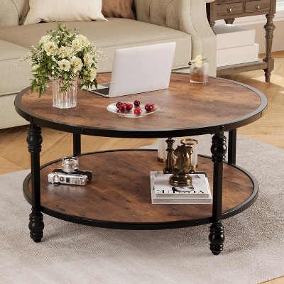 Round Coffee Table 34.25" Industrial Center Table with Storage Shelf 2-Tier Rustic Accent Center Table Wood Circle Coffee Table