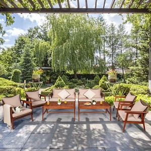 Costway 8PCS Patio Rattan Furniture Set Acacia Wood Frame Cushioned Sofa Chair Garden - 1 of 4