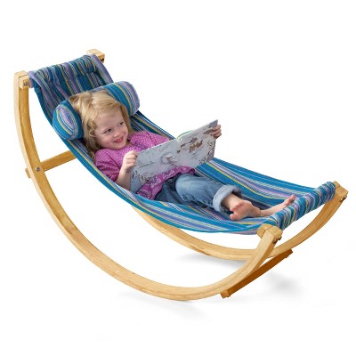 HearthSong - Kids Indoor Lightweight Wood and Blue Cotton Polyester Rocking  Floor Hammock with Pillow, 50L x 14W