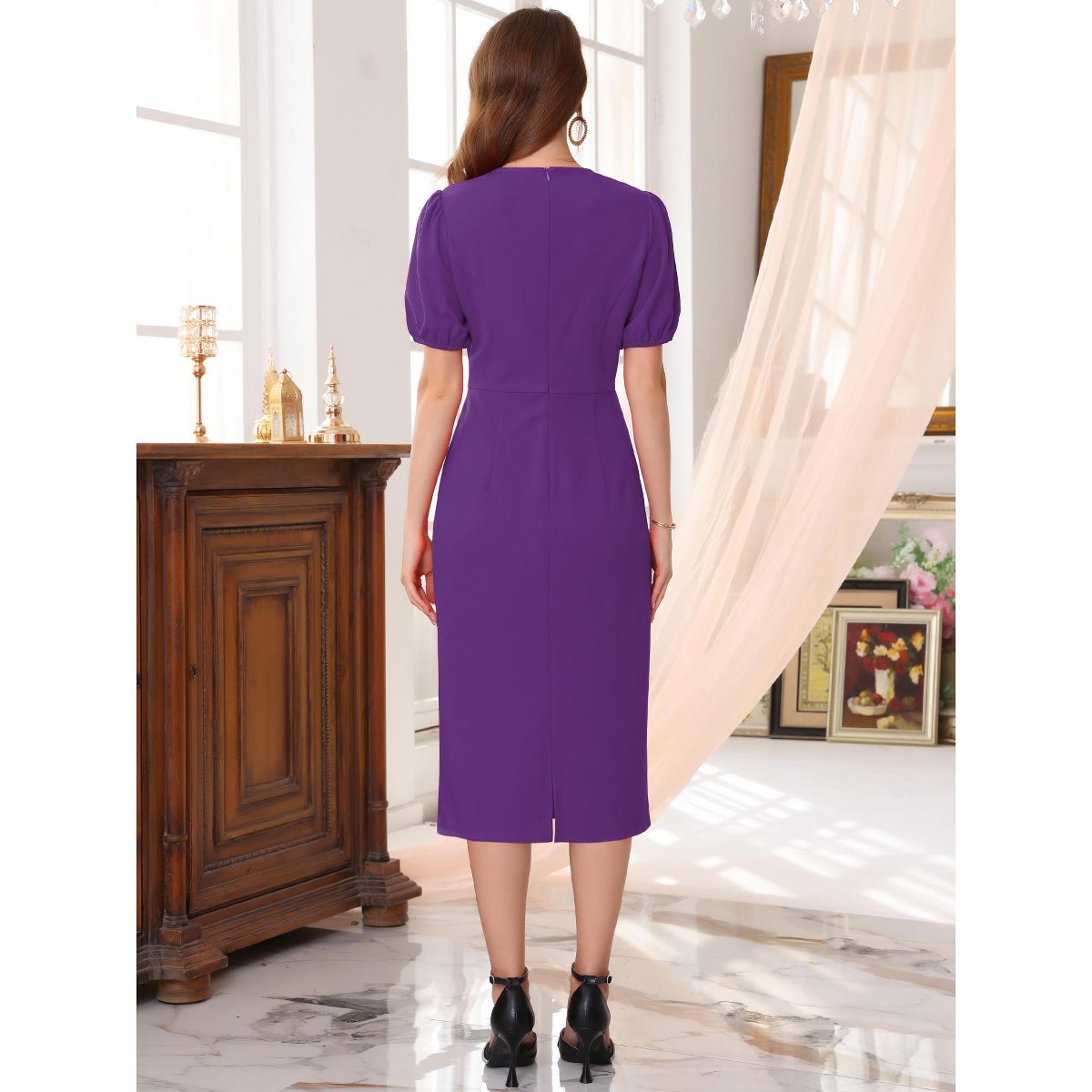 Женские платья INSPIRE CHIC Women's Puff Sleeve Keyhole Round Neck Elegant Sheath Business Midi Pencil Dress Medium Purple — фото 4