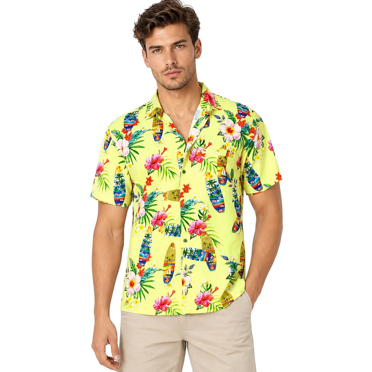 HAPPY BAY Men's Hawaiian Short Sleeve Button Down Shirt Floral Shirt Men Casual Beach Holiday Hawaii Island Shirts for Men Funny 5XL Beige, Floral