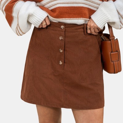 Women's Chic Brown Corduroy Button-Front Mini Skirt with Pockets - Cupshe