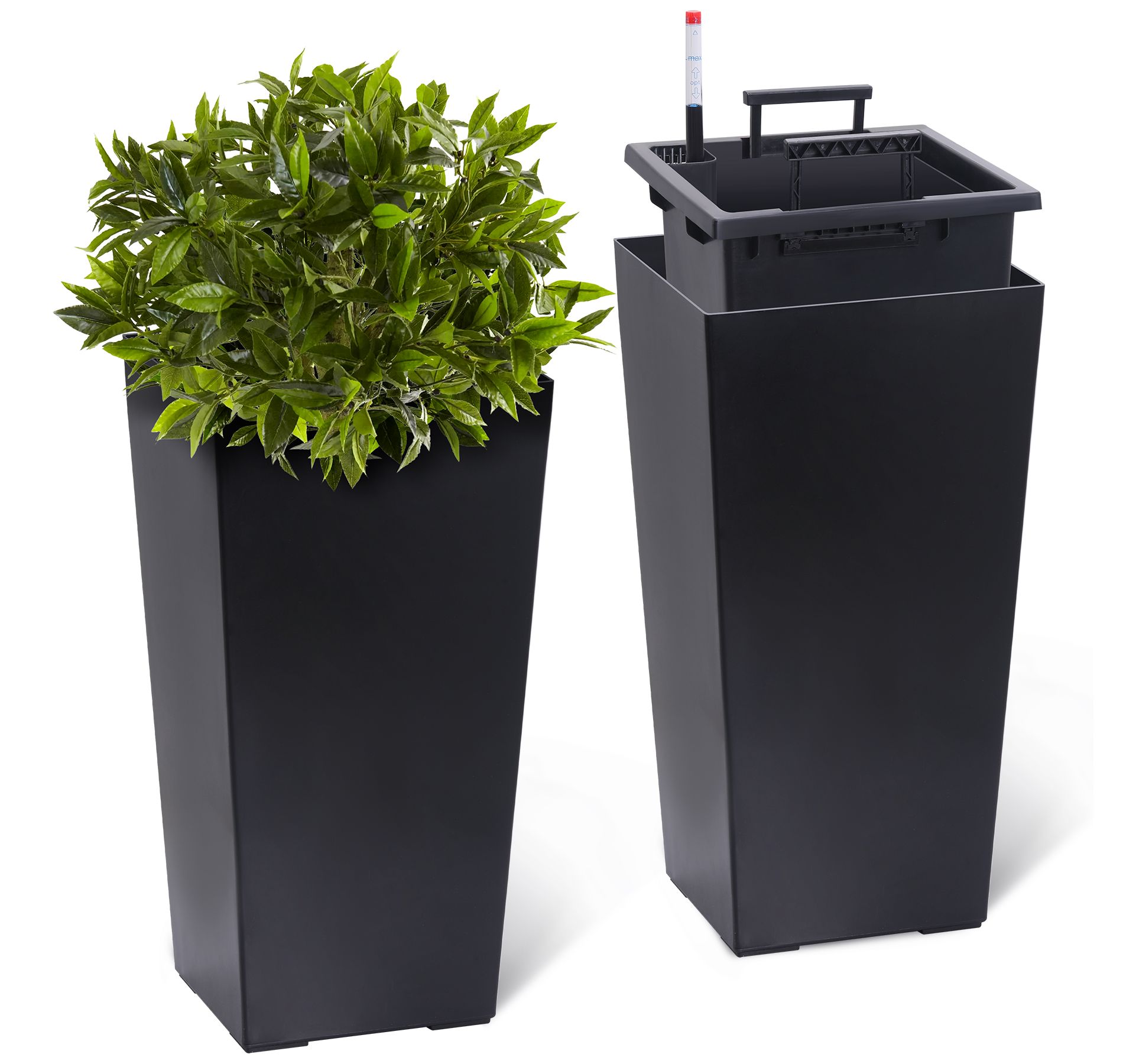Garvee 23" Tall Planters Set of 2, Modern Plant Pots with Drainage Holes, Water Level Monitor, Inner Bucket, Automatic Watering, Black