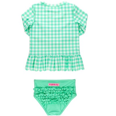 RuffleButts Girls UPF50+ Gingham Scallop Hem Long Sleeve Rash Guard Bikini - Spring Green Gingham, 6 — фото 2