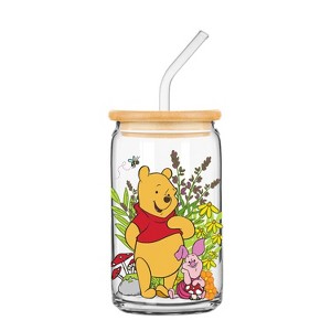 Silver Buffalo Disney Winnie the Pooh Floral 16oz Glass Tumbler w/Bamboo Lid - 1 of 1