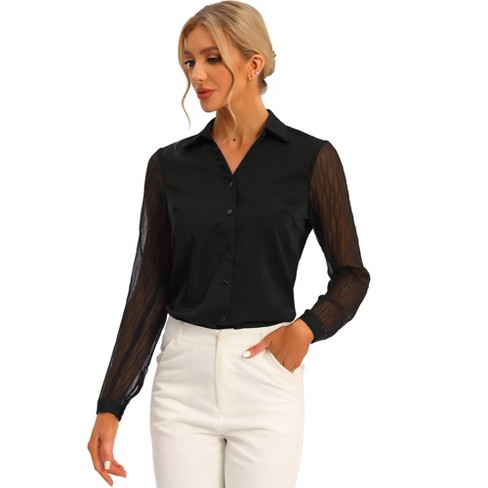 Allegra K Women's Point Collar V Neck Mesh Sleeve Button Down Work Office  Shirt Black Medium