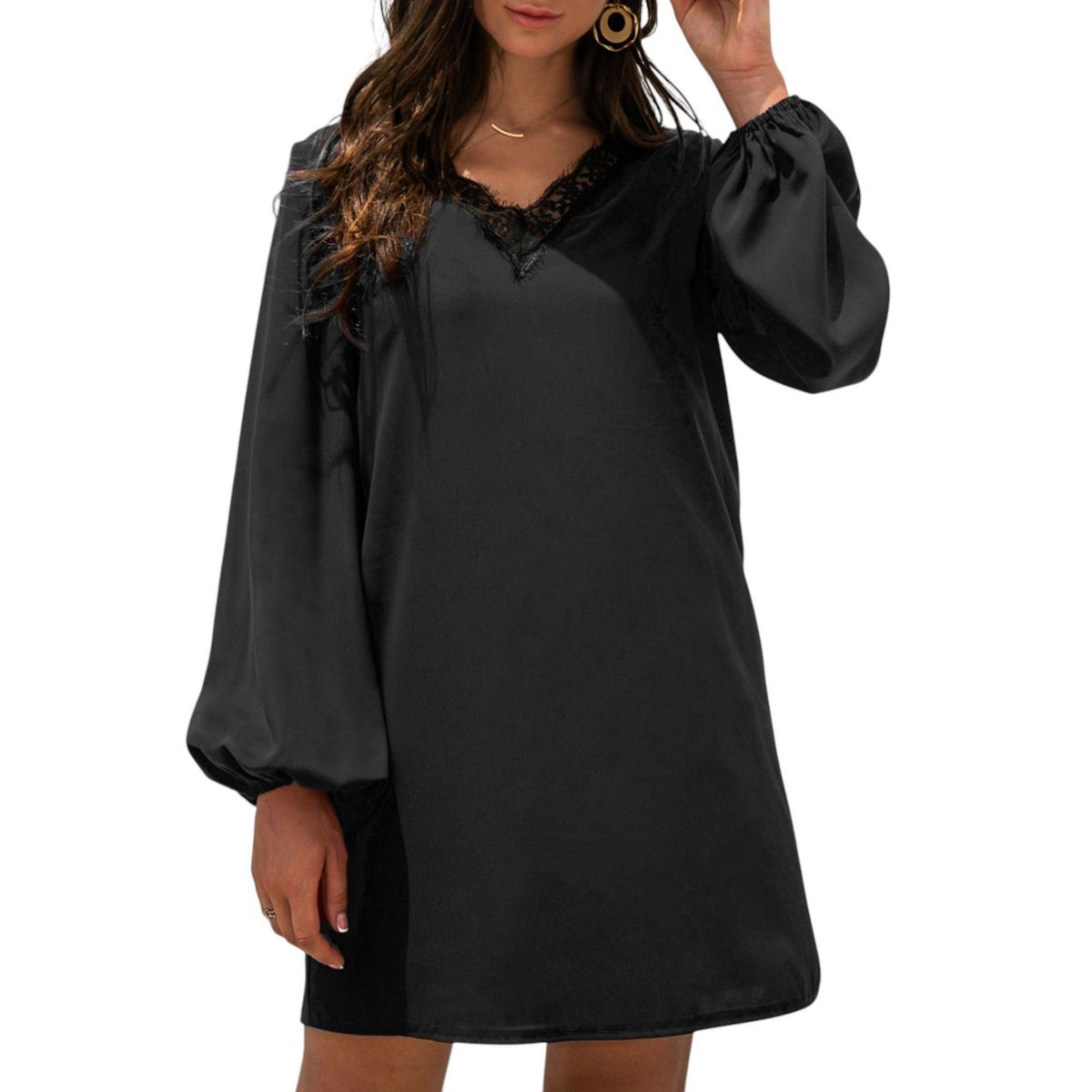 Anna-Kaci Women's Long Sleeve Mini Shift Dress with V-Neckline and Lace Trim Detail