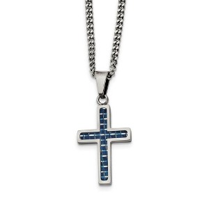 Black Bow Jewelry Stainless Steel & Blue Carbon Fiber Small Cross Necklace, 20 Inch - 1 of 4