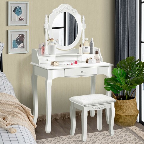 Tangkula Bedroom Makeup Vanity Dressing Table Stool Set with 3 Colors Lighted Mirror Large Storage Cabinet Drawer White