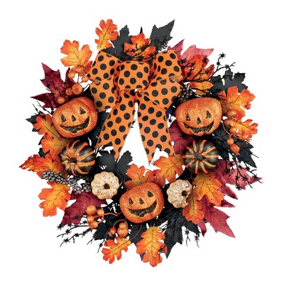 Collections Etc Halloween Jack-o'-lantern Hanging Wreath : Target