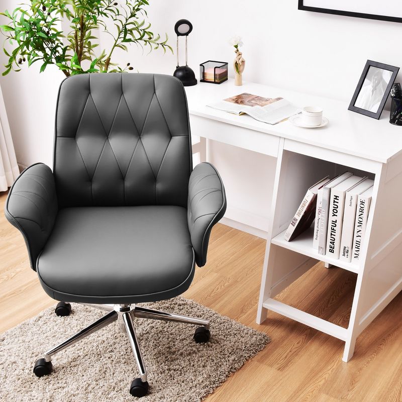 Costway Modern Home Office Leisure Chair PU Leather Adjustable Swivel w/ Armrest, 4 of 13