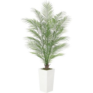 Fake Palm Tree, Faux Areca Palm Plants, Leaves Realistic Trunks Fake, Tropical Palm Tree, Tall Trapezoidal Prism White Pot - 1 of 4