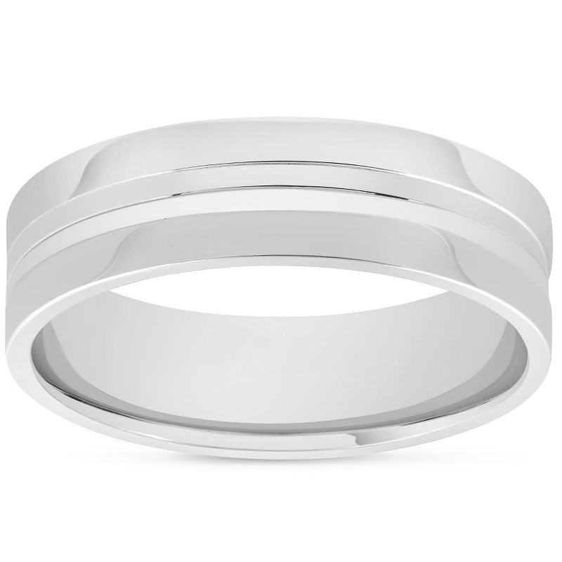 Pompeii3 Mens 10k White Gold 6mm Band High Polished Concave Groove Accent Wedding Ring, 1 of 4