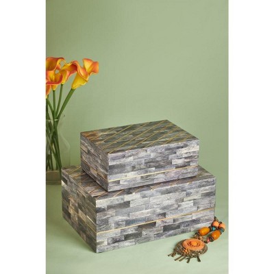 Monaco Gray and Gold Bone Inlay Decorative Boxes, Set of 2