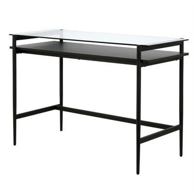 Eaton 46" Blackened Bronze Desk with Glass Top and Woodgrain Shelf