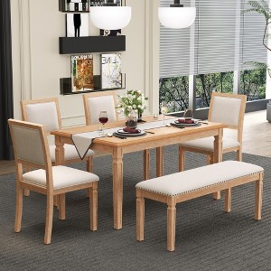 Whisen Vintage Dining Table Set & Rustic Kitchen Table Set for 6 with 4 Chairs & Bench and Retro Carved Legs - 1 of 4