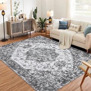 9x12 Gray Vintage Floral Rug, Machine Washable Distressed Carpet, Non-Slip Indoor for Living Room, Bedroom - 1 of 4