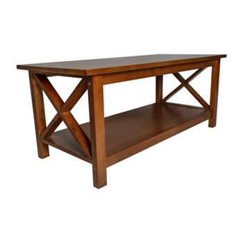 Merrick Lane Rustic Coffee Table with Lower Shelf, Farmhouse Style Solid Wood Accent Table