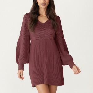 Anna-Kaci Women's Long Sleeve Knit Sweater Dress with Textured Bodice and Balloon Sleeves - 1 of 4