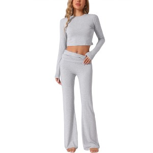 cheibear Women's Long Sleeve Crop Top with Foldover Flare Pants 2 Piece Pajama Set - 1 of 4