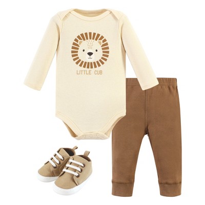 Hudson Baby Infant Boy Cotton Long-Sleeve Bodysuit, Pant and Shoe Set, Brave Lion