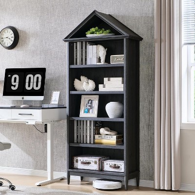Bookshelf with Adjustable Shelves, 75.9" Tall Wide Bookshelf with Storage, 5 Tiers Open Shelves Bookcase with Triangular Top, Dark Grey