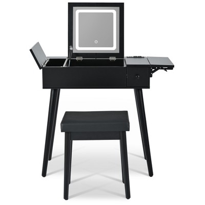 GlasFlength Makeup Vanity Tables Set with Mirror and Light, with Charging Station, Drawers and Stool, for Bedroom, Black, 27.95"*15.83"*44.69"