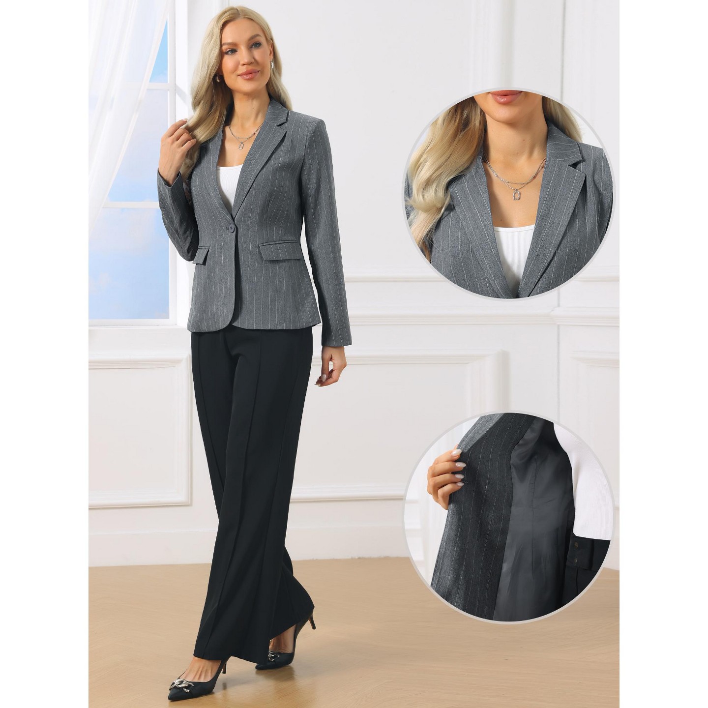 Женский пиджак INSPIRE CHIC Pinstripe Notched Lapel One-Button Office Workwear Suit Jacket Blazer Large Dark Gray, цвет: Тёмный серый — фото 3