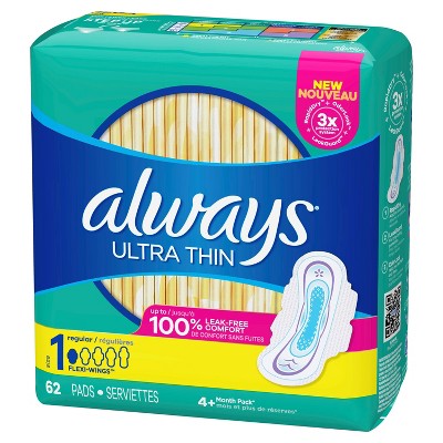 Always Ultra Thin Pads Unscented with Wings - Regular Absorbency - Size 1 - 62ct
