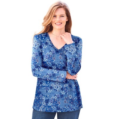 Woman Within Plus Size Perfect Printed Long-Sleeve V-Neck Tee