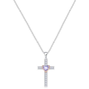 Molenia Birthstone Cross Necklace for Women, 925 Sterling Silver Heart Cross Pendant Necklace Fine Cross Jewelry Birthday Gifts for Her 18"+2" Inches - 1 of 4