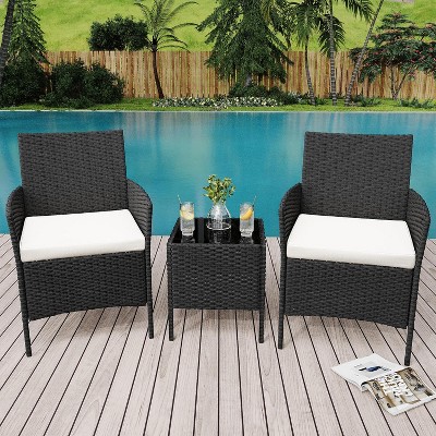 3 Pieces/4 Pieces Patio Furniture Sets, Outdoor Wicker Conversation Sets with Soft Cushion and Glass Table, All Weather Manual Rattan Chairs