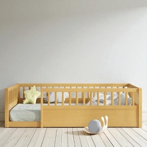 Mshliw Twin/Full Size Floor Bed with Safety Fence and Open Door, Wooden Montessori Style Platform Bed Frame for Toddlers and Kids Bedroom or Playroom - 1 of 4