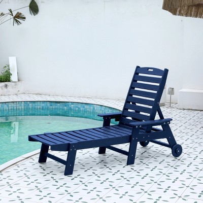 Patio Recliner,Wood Texture Outdoor Chaise Lounge With Wheels And Cup Holder,Outdoor Lounge Chair,Patio Recliner For Poolside,Deck-Cuddlewood