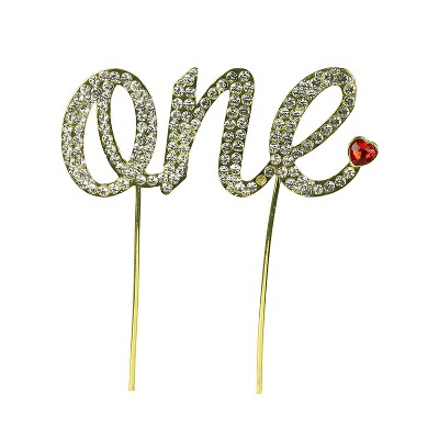 O'Creme Rhinestone-with-Faceted-Red-Heart Gold-Colored Word-One Cake Topper