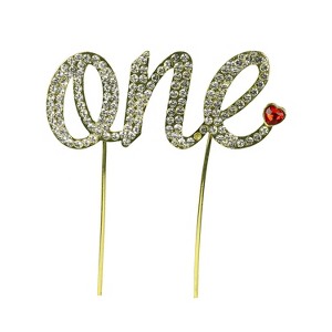 O'Creme Rhinestone-with-Faceted-Red-Heart Gold-Colored Word-One Cake Topper - 1 of 1