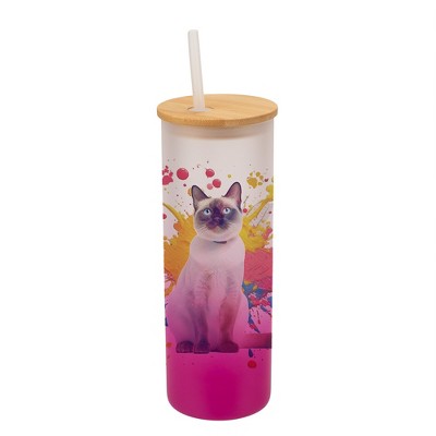 100 North 25 Ounce Frosted Glass Gradient Travel Tumbler With Straw & Wooden Lid, Siamese Cat Paint Splatter Pink