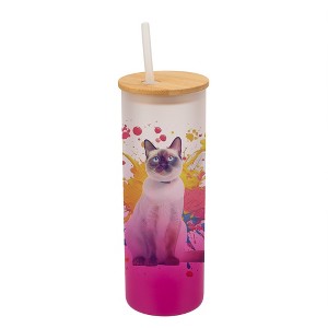 100 North 25 Ounce Frosted Glass Gradient Travel Tumbler With Straw & Wooden Lid, Siamese Cat Paint Splatter Pink - 1 of 4