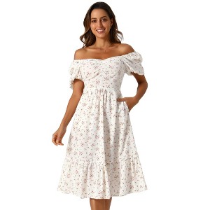 INSPIRE CHIC Women's Floral Sweetheart Neck Puff Short Sleeve A-Line Midi Dress - 1 of 4