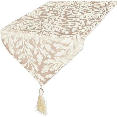 Table Runner with Tassels, Beige Leaf Jacquard Weave (12 x 78 In)