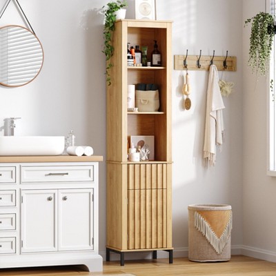 Boho Wood Storage Cabinet, 68" Tall Bathroom Storage Cabinet, Natural