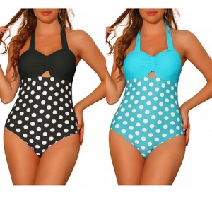 Elerevyo Women's Halterneck Polka Dot Monokini Tummy Control Cut Out String Swimsuit Bathing Suits 2 Sets - 1 of 4