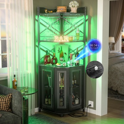 Aheaplus Corner Wine Cabinet with LED Strip and Glass Holder