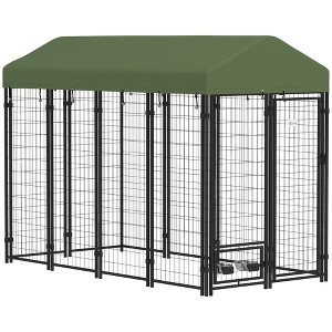 PawHut Outdoor Dog Kennel with Rotating Bowl Holders, Dog Playpen Fence with Waterproof Cover, 8' x 4' x 6', Green - 1 of 4
