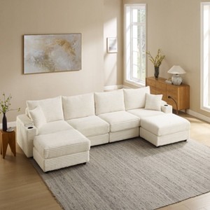 MYINDA 6-Seater U-Shaped Corduroy Sofa Set with USB Charging Port, Multi-Functional Storage Armrests for Living Room,Beige - 1 of 4