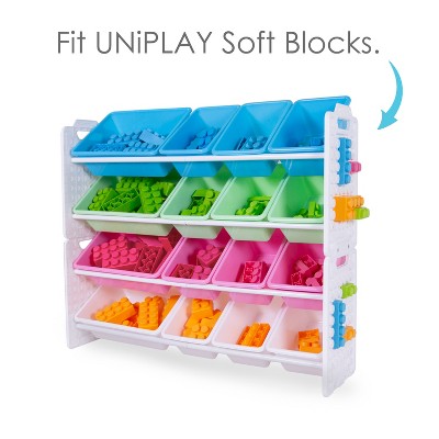 UNiPLAY Toy Organizer With 16 Removable Storage Bins and Block Play Panel, Multi-Size Bin Organizer (Pink)