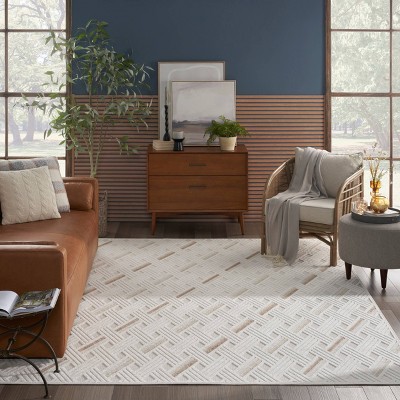 Ivory and Beige Geometric Synthetic Rectangular Area Rug 7'10" x 9'10"