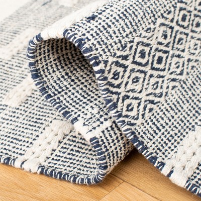Ivory and Navy Striped Flat Woven Wool Cotton Area Rug
