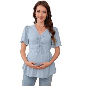 Clearlove Pregnancy Top Women's Drawstring Front V Neck Maternity T Shirt Short Sleeve Peplum Blouse - 1 of 4