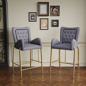 DOMETOUR 28.75 inch Counter Height Bar Stools Set of 2 Arm Chairs Velvet Fabric Stools with Golden Legs and Footrests - 1 of 4